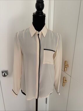 Club Monaco Cream Button-Down Blouse with Black Faux Leather Trim
